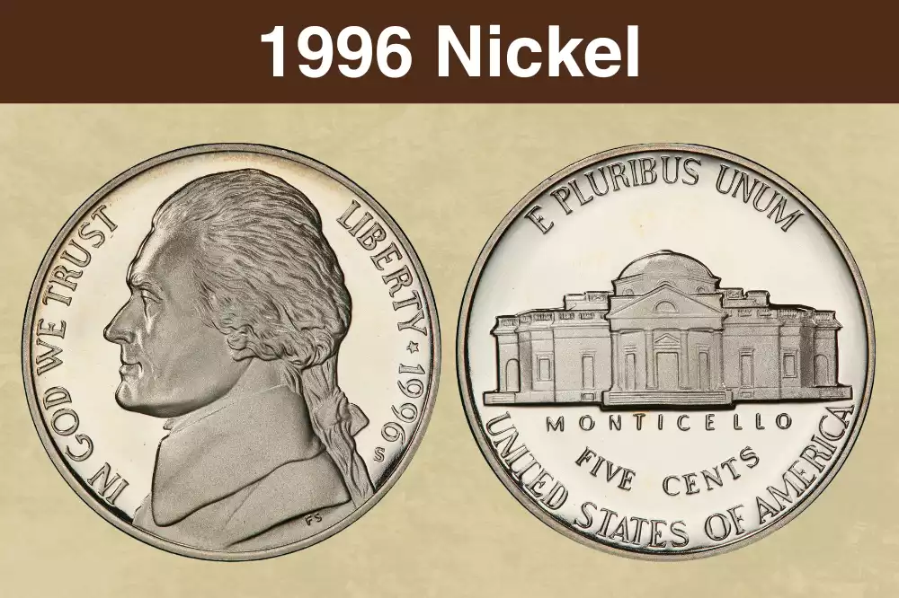 1996 Jefferson nickel obverse and reverse, showing P mint mark, Felix Schlag portrait of Jefferson, and Monticello on reverse