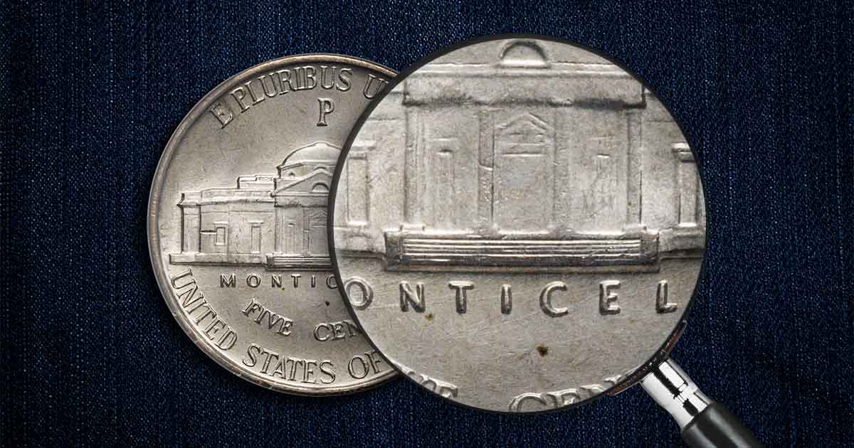 Side-by-side comparison of 1996 Jefferson nickels: left coin shows weak indistinct steps (no Full Steps), right coin shows sharply struck complete Full Steps on Monticello base