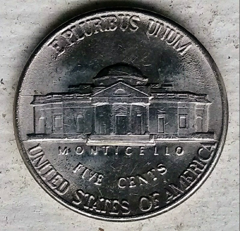1996 Jefferson nickel reverse close-up showing fully struck Full Steps on Monticello base — all five step lines clearly visible