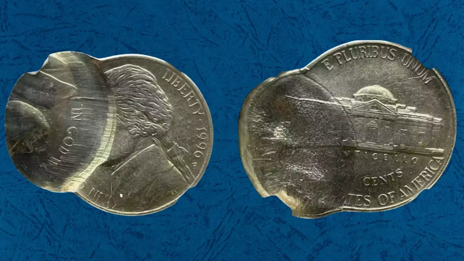 1996 Jefferson nickel broadstrike error — coin wider and flatter than standard, design spread with irregular flat edge, no collar rim visible