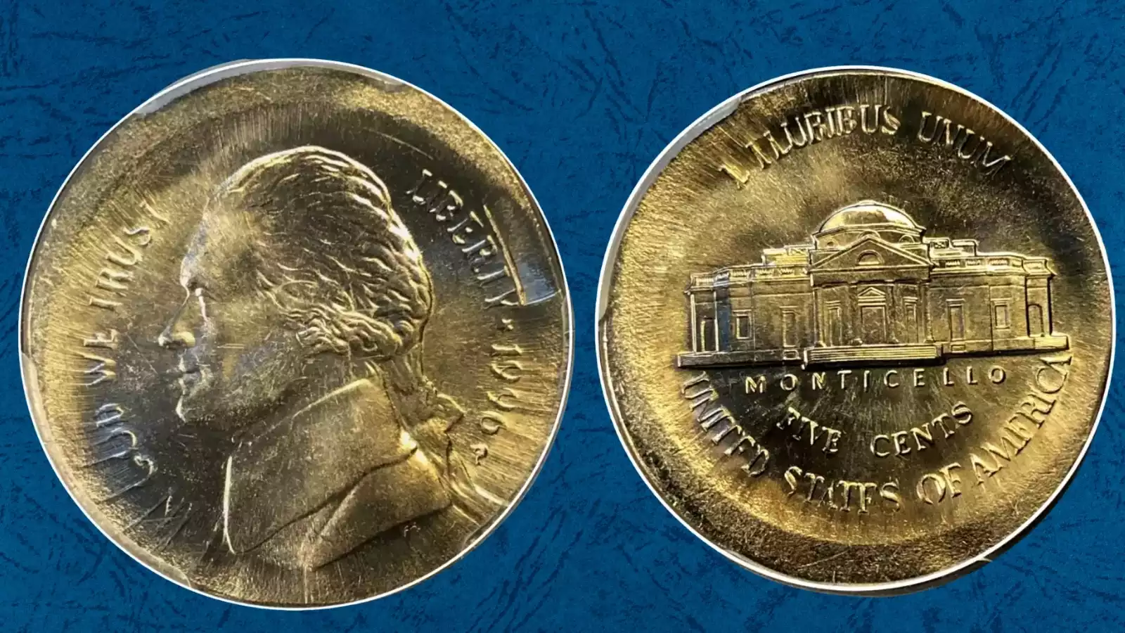 1996 Jefferson nickel double strike error showing two overlapping die impressions — Jefferson portrait and date appear twice, slightly offset