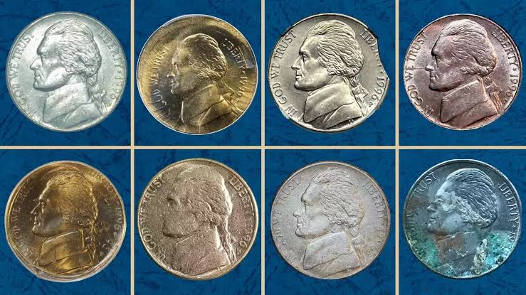 Group of 1996 Jefferson nickels showing Philadelphia P, Denver D, and San Francisco S proof examples arranged by mint mark