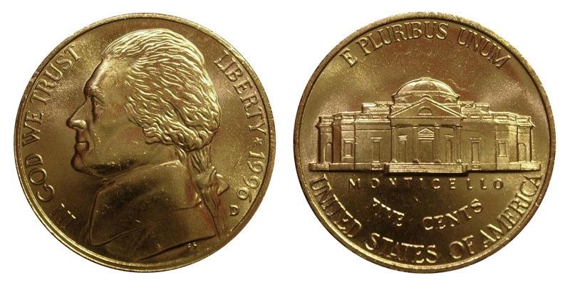 1996 Jefferson nickel grading strip showing four condition tiers — worn Good, circulated Fine, About Uncirculated, and gem Mint State MS65 — side by side for comparison